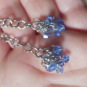 Blue Cluster Crystals Earrings on a Unique Chain. Hypoallergenic